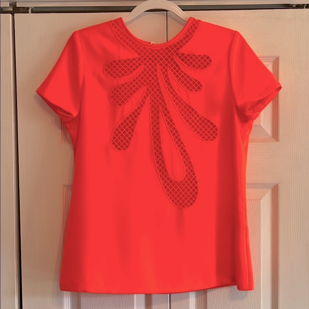 Raoul, Bright Coral Orange with Graphic Cut Out, Short Sleeve Blouse